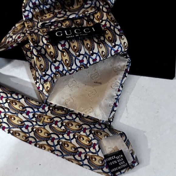Gucci Gold Silk Tie Link Chain EUC Neckwear White Baroque rococo VTg - Picture 10 of 10
